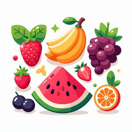 Fruits and berries. Vector illustration in cartoon style. Flat design.のイラスト素材