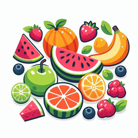 Fruit vector illustration in cartoon flat style. Juicy summer fruits.のイラスト素材