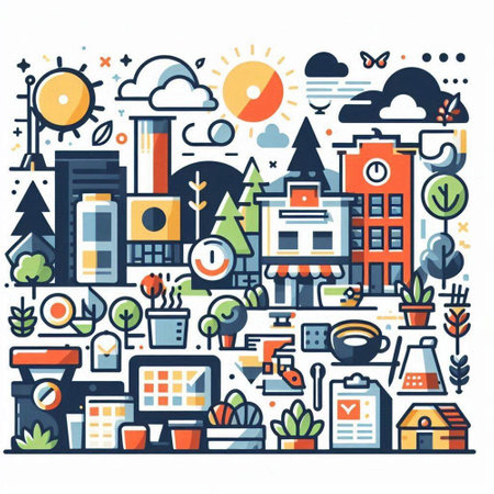City landscape with buildings, trees and houses. Vector illustration in flat styleのイラスト素材