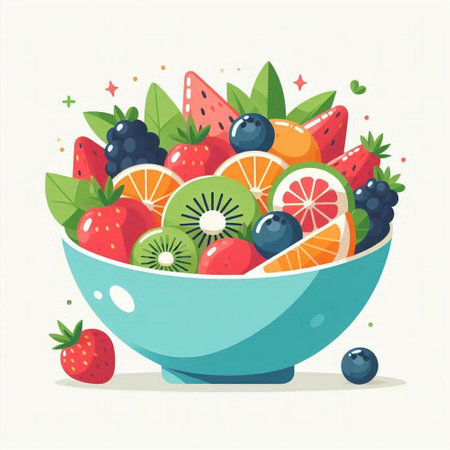 Healthy fruit salad in bowl. Vector illustration in flat style.のイラスト素材