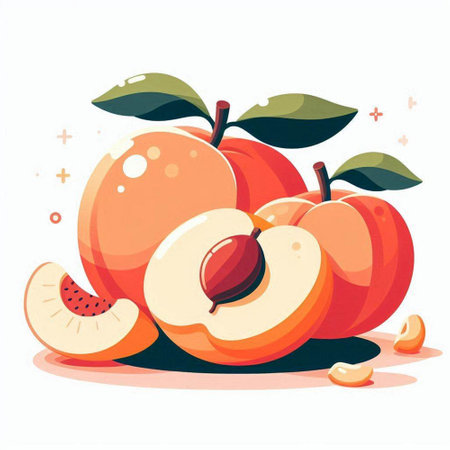 Peach fruit with leaves. Vector illustration in a flat style.のイラスト素材