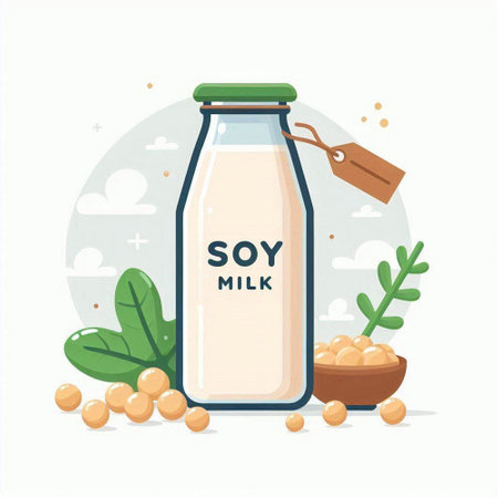 Soy milk in a glass bottle with a label. Vector illustration.のイラスト素材