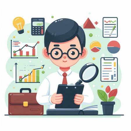 Businessman with a magnifying glass and a tablet. Vector illustrationのイラスト素材
