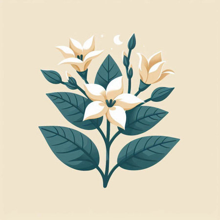 Vector illustration of white flowers with leaves on a beige background.のイラスト素材