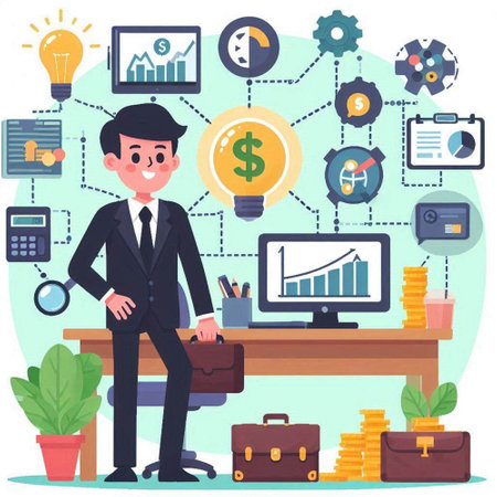 Businessman with briefcase standing at office desk. Vector flat illustrationのイラスト素材