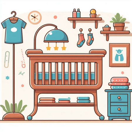 Illustration of a baby room with a crib, clothes and toysのイラスト素材