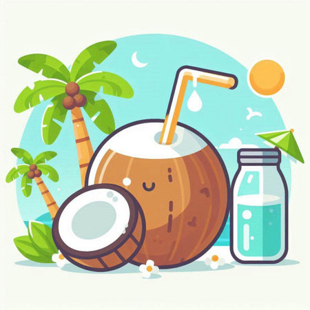 Coconut drink on the beach in flat style. Vector illustrationのイラスト素材