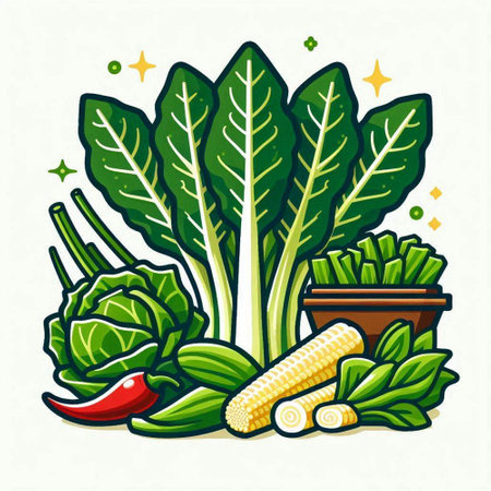 Vegetables vector illustration. Cabbage, corn, pepper, chili, chard.のイラスト素材