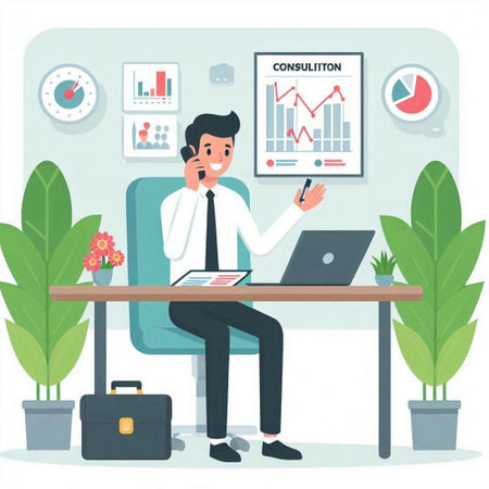 Businessman working in office. Vector illustration in flat cartoon style.のイラスト素材