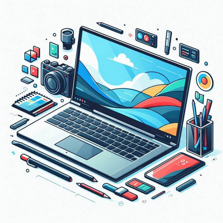 Laptop, tablet, phone, camera and stationery. 3d isometric vector illustration.のイラスト素材