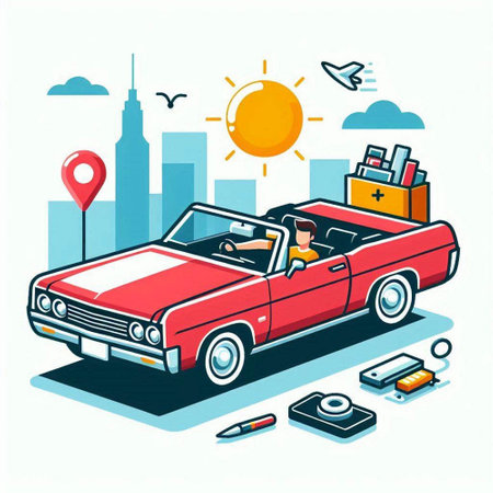 Vector illustration of a man driving a red cabriolet in the cityのイラスト素材