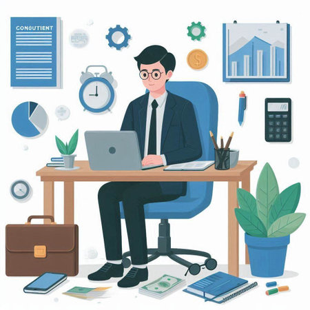 Businessman working at office. Vector illustration in a flat style.のイラスト素材