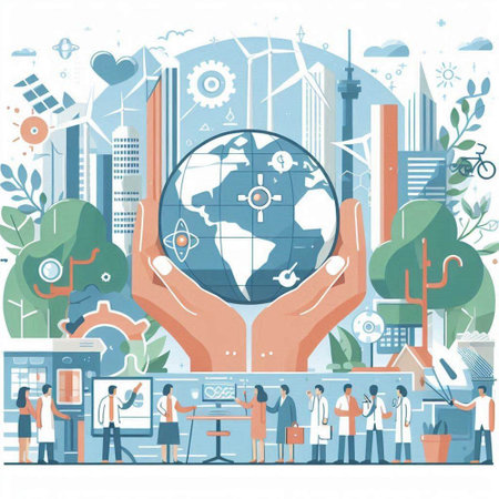 Vector illustration of human hands holding Earth globe on green city background.のイラスト素材