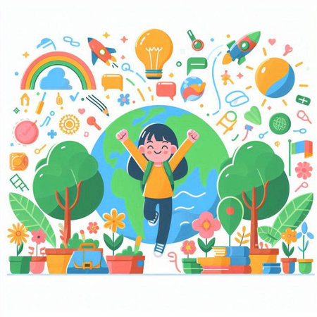 Cute little girl on a background of the world, vector illustrationのイラスト素材