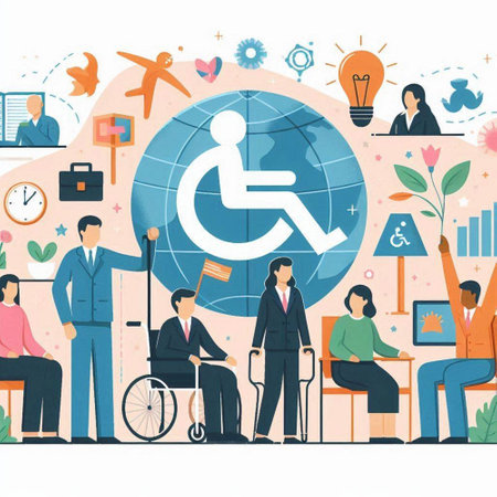 Handicapped people vector illustration. Disabled man in wheelchair with flag in hand and group of business people.のイラスト素材