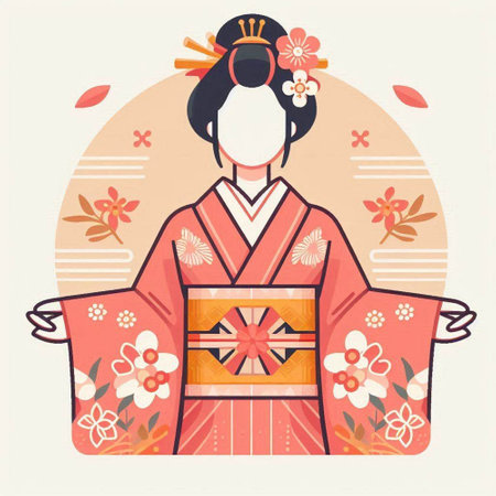 Japanese geisha in traditional kimono. Vector illustration in flat style.のイラスト素材