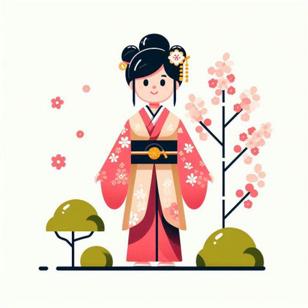 Cute girl in kimono with sakura. Vector illustration.のイラスト素材