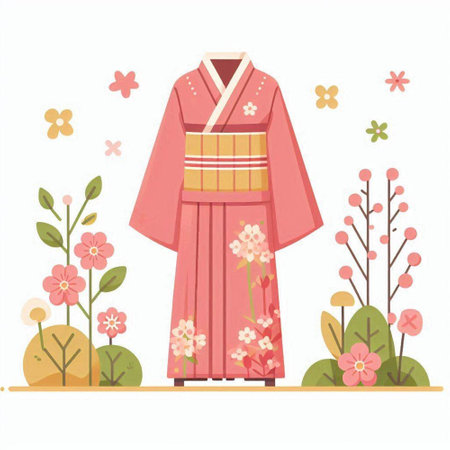 Japanese traditional clothing, kimono and flowers. Vector illustration.のイラスト素材