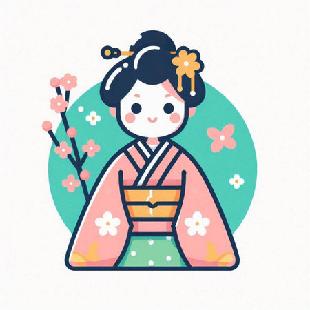 Japanese girl in kimono with sakura. Vector illustration.のイラスト素材