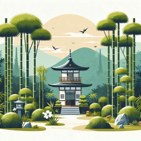 Japanese temple in the jungle. Vector illustration of a Japanese temple.のイラスト素材