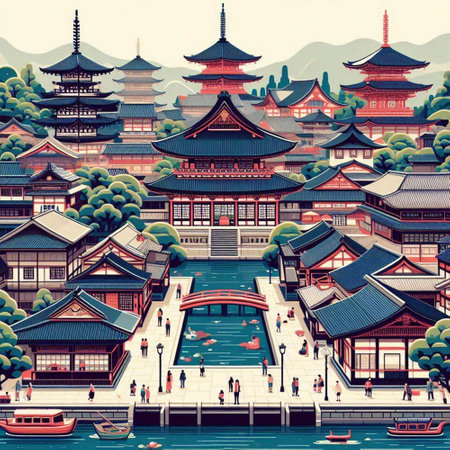 Traditional buildings at the lakeside of Tokyo, Japan. Digital painting.のイラスト素材