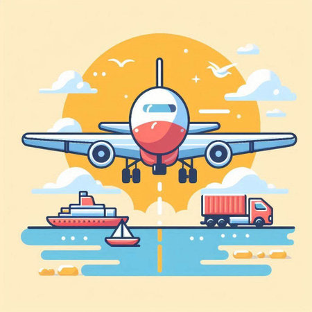 Airplane on the background of the sea. Vector illustration in flat styleのイラスト素材