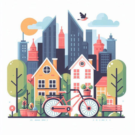 City landscape with bicycle, houses and trees. Vector illustration in flat styleのイラスト素材