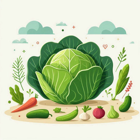 Cabbage and vegetables on the background of nature. Vector illustration.のイラスト素材