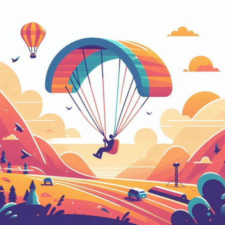 Paraglider flying in the sky over the mountains. Vector illustrationのイラスト素材