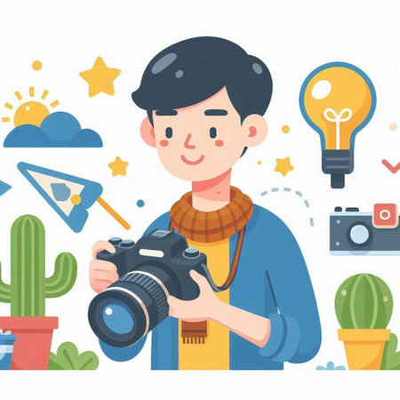 Photographer with a camera in his hands. Flat style vector illustration.のイラスト素材