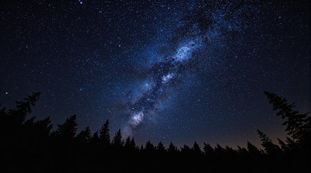 Milky way in the night sky with silhouette of pine trees.の写真素材