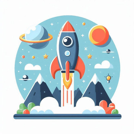 Rocket in the space. Vector illustration in flat cartoon style. Isolated on white background.のイラスト素材