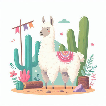 Cute alpaca in desert with cacti. Vector illustrationのイラスト素材