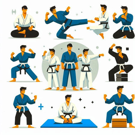 Taekwondo, karate and martial arts. Set of vector illustrations.