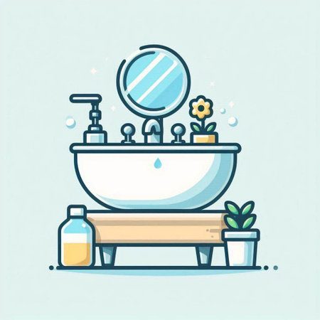 Bathroom interior design. Bathroom furniture with sink, mirror, towel and flower. Vector illustrationのイラスト素材