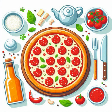 Vector illustration of pizza with tomato sauce, mozzarella cheese, basil, pepper and spicesのイラスト素材