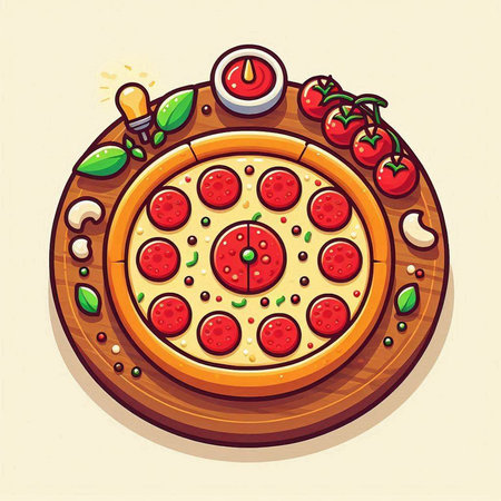 Pizza with tomato and cheese on wooden board. Vector illustration.のイラスト素材