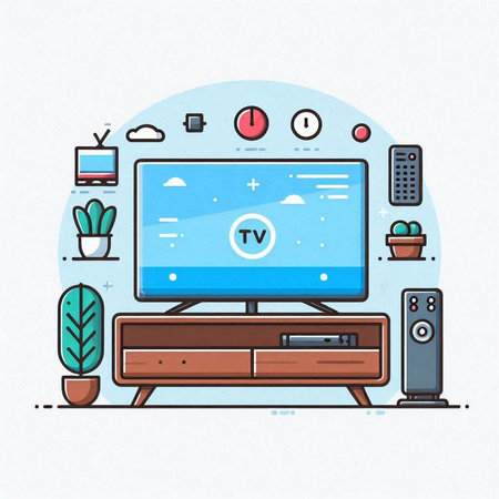 Vector illustration of modern flat design television on the table. Line icons collection.のイラスト素材