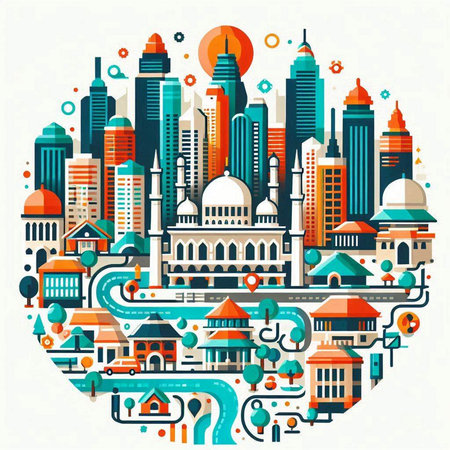 Flat design illustration of Kuala Lumpur cityscape in round shape.のイラスト素材