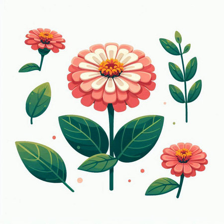 Zinnia flowers and leaves isolated on white background. Vector illustration.のイラスト素材