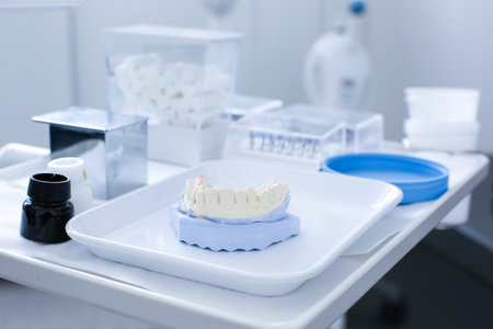 Dental plaster mold with ceramic preparation kit in the backgroundの写真素材
