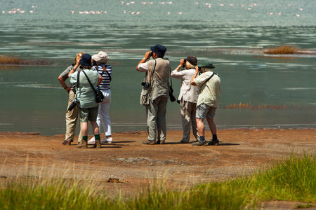 Group of seniors on photo safari in Africa observing animals