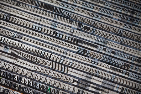 Old vintage metal printing press letters, close-up
