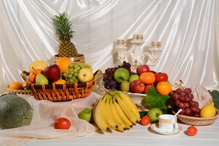 still life of fruits and breadsのeditorial素材