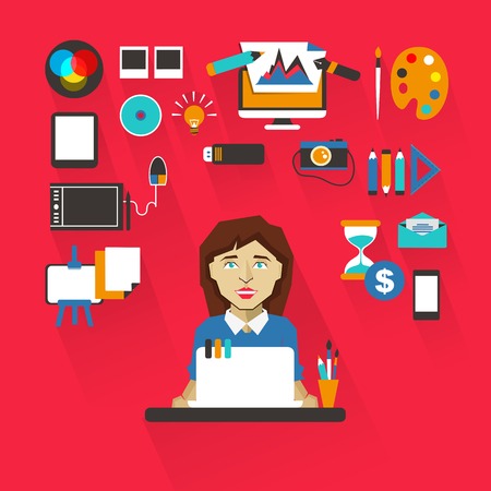 Graphic designer with infographic elements on a light backgroundのイラスト素材