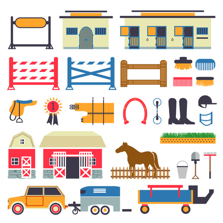Horse Riding set. Horse stable, transporter, box, barn. Fence with gate and show jumping setのイラスト素材