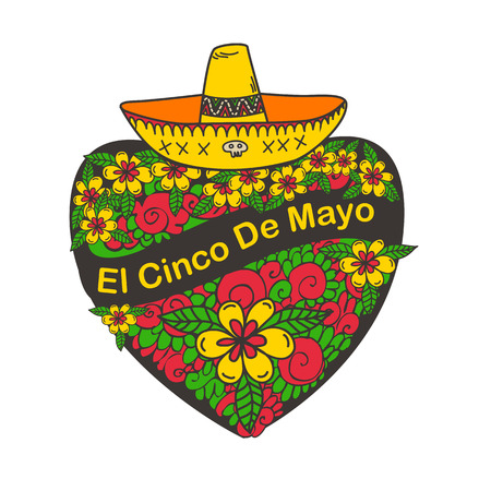 Cinco De Mayo poster with hand drawn heart flowers and sombrero.のイラスト素材