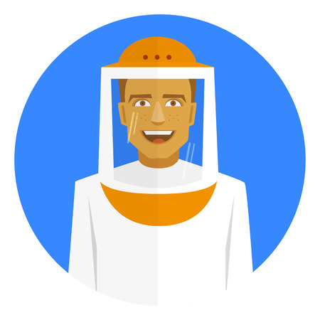 Smiling beekeeper on a blue round emblem.のイラスト素材