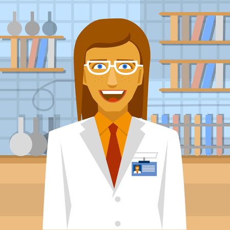 Female biochemist in laboratory background.  Laboratory conceptのイラスト素材