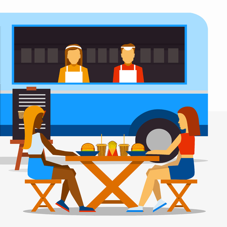 Food truck festival. Street food truck with sellers and people in seating areasのイラスト素材